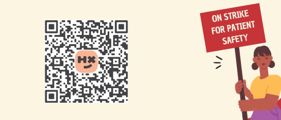 QR code to receive donations for the Whangārei Theatre Nurses' strike on 14 October with graphic of woman holding sign saying "On strike for patient safety'